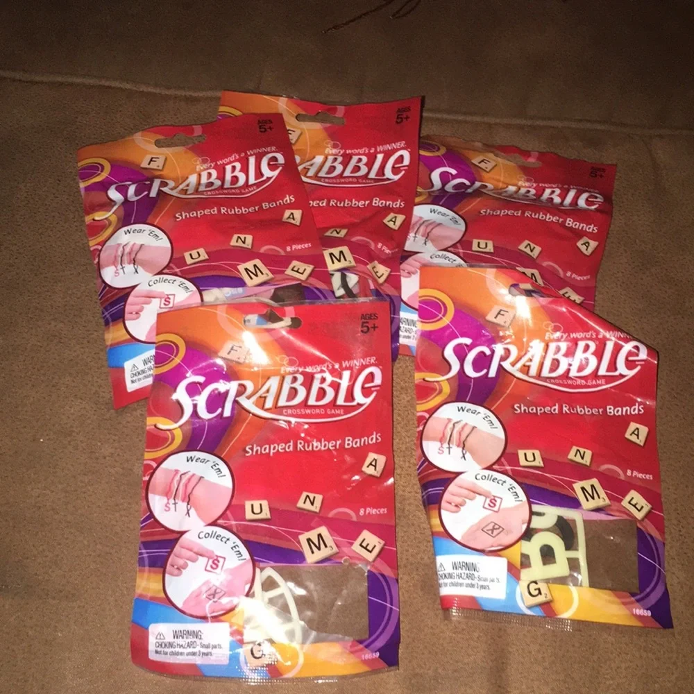 Googly Scrabble Shaped Rubber Band Bracelets 5 packs of 8 each NEW Sealed RARE
